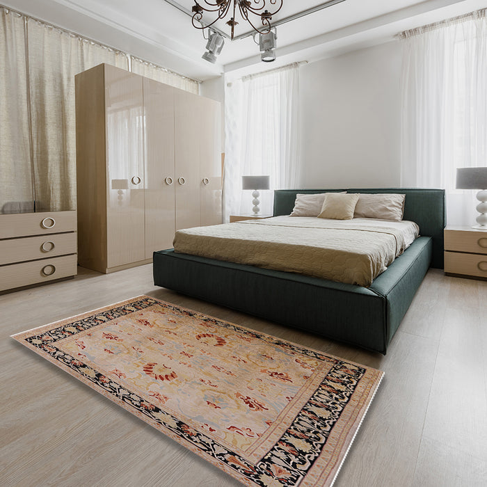Mid-Century Modern Sienna Brown Oriental Rug in a Bedroom, urb3121