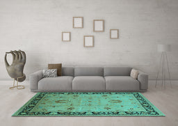 Machine Washable Oriental Turquoise Industrial Area Rugs in a Living Room,, wshurb3121turq