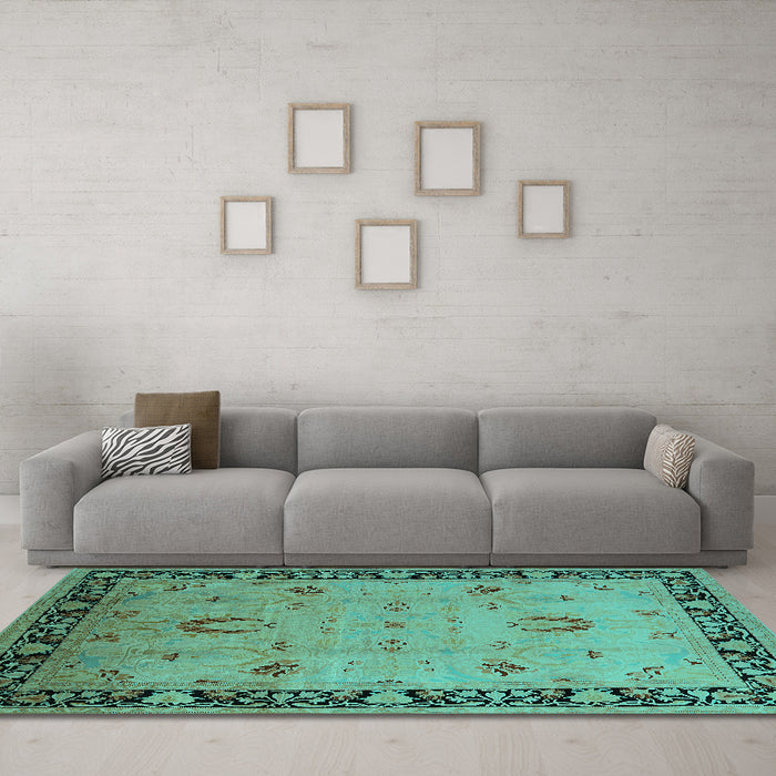 Machine Washable Oriental Turquoise Industrial Area Rugs in a Living Room,, wshurb3121turq