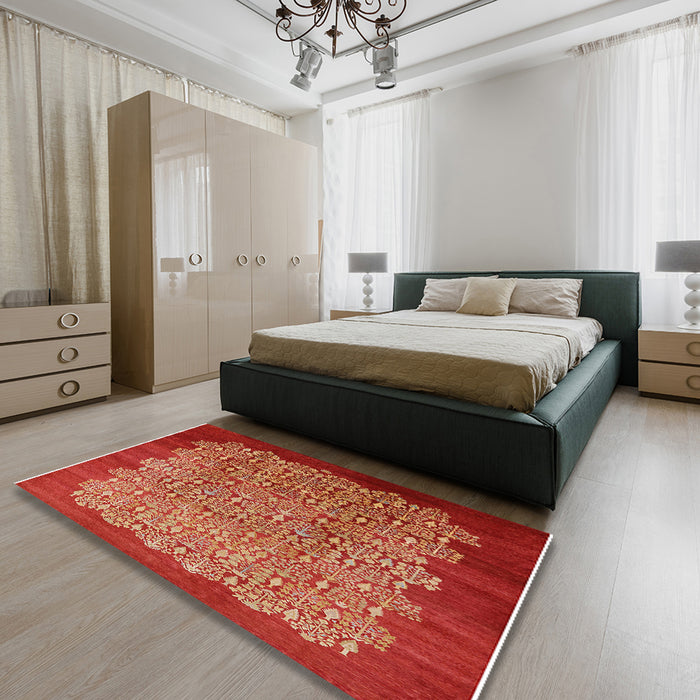 Mid-Century Modern Red Oriental Rug in a Bedroom, urb3122
