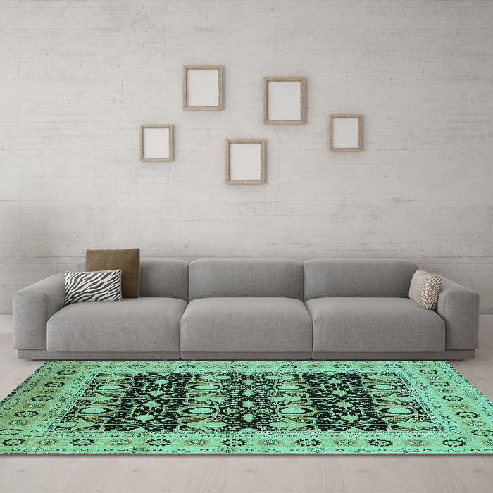 Machine Washable Oriental Turquoise Industrial Area Rugs in a Living Room,, wshurb3123turq