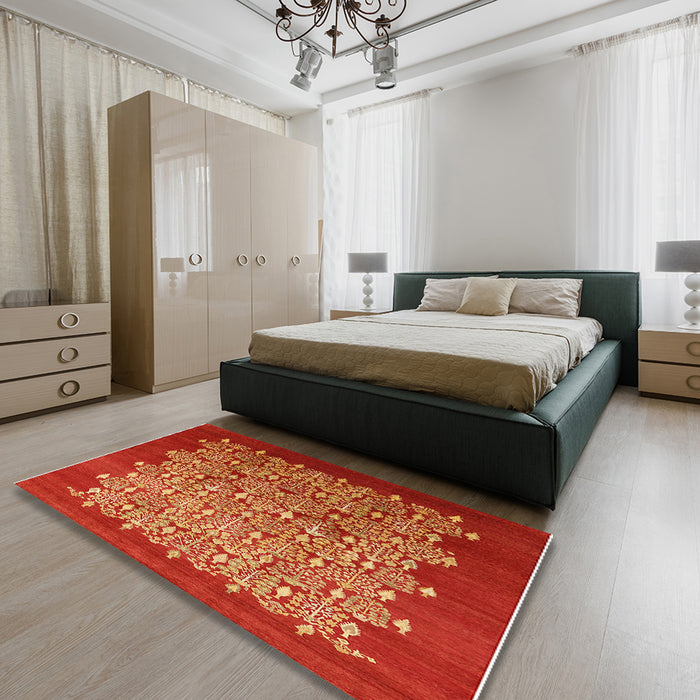 Mid-Century Modern Red Oriental Rug in a Bedroom, urb3127