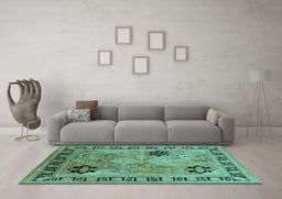 Machine Washable Oriental Turquoise Industrial Area Rugs in a Living Room,, wshurb3129turq