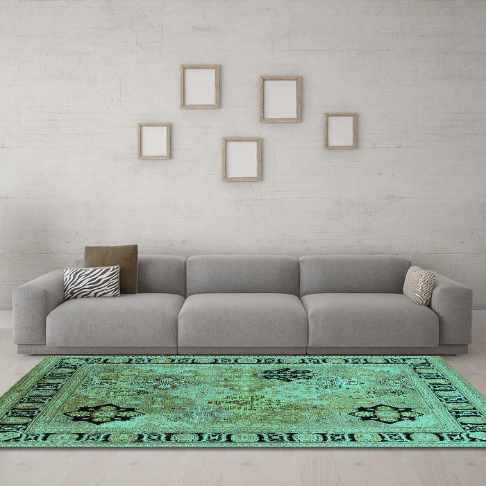 Machine Washable Oriental Turquoise Industrial Area Rugs in a Living Room,, wshurb3129turq