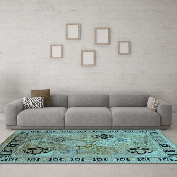 Machine Washable Oriental Light Blue Industrial Rug in a Living Room, wshurb3129lblu