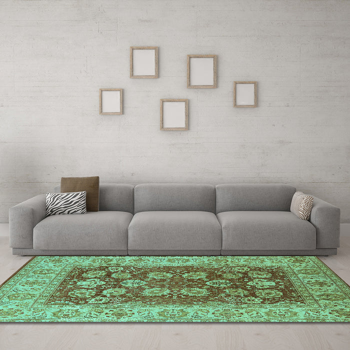 Machine Washable Oriental Turquoise Industrial Area Rugs in a Living Room,, wshurb3131turq