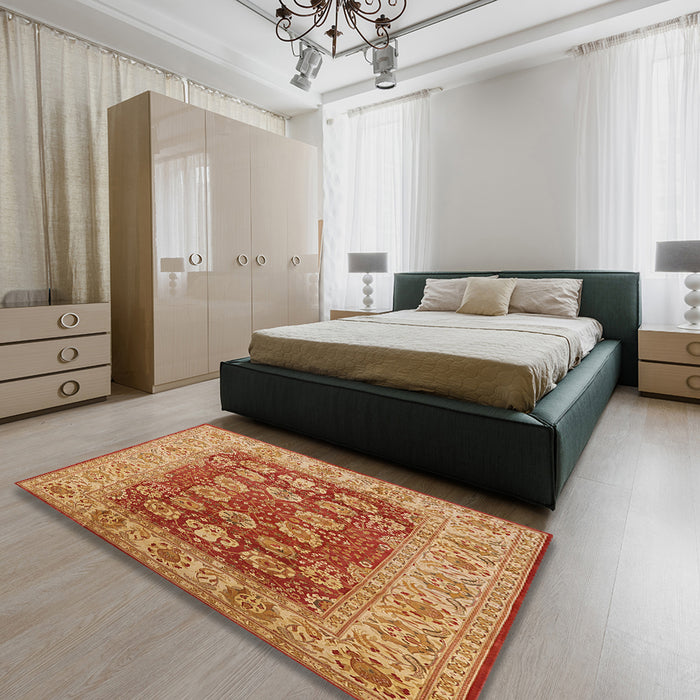 Mid-Century Modern Orange Oriental Rug in a Bedroom, urb3131