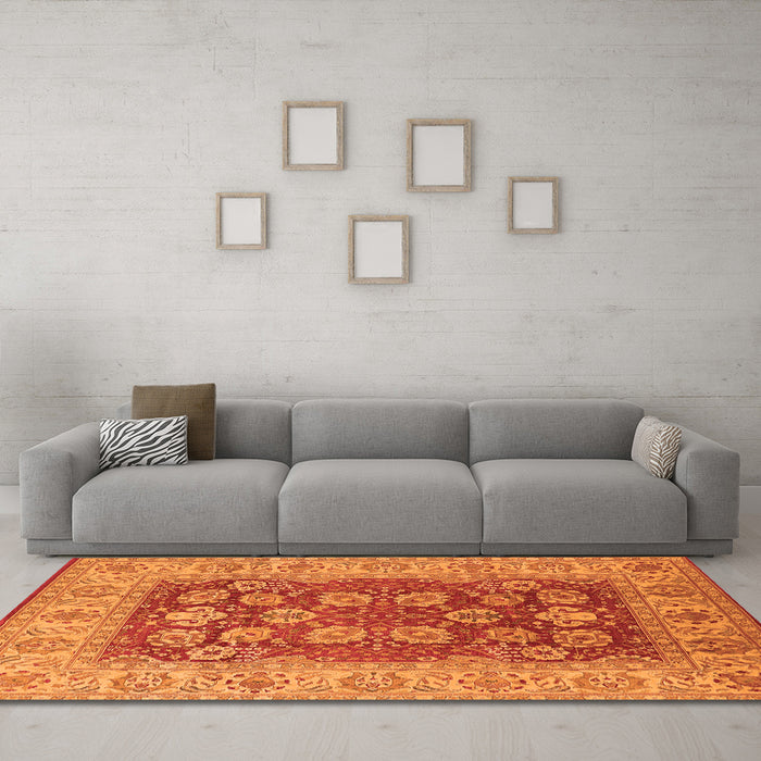 Machine Washable Oriental Orange Industrial Area Rugs in a Living Room, wshurb3131org