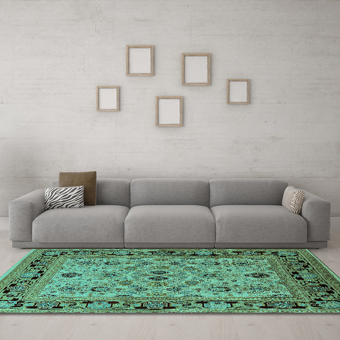 Machine Washable Oriental Turquoise Industrial Area Rugs in a Living Room,, wshurb3132turq