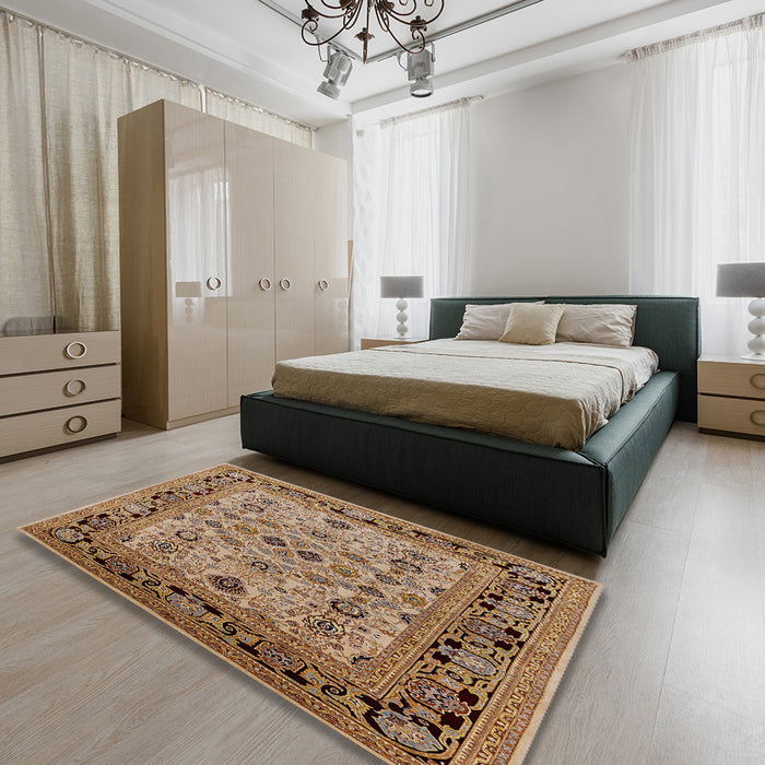 Mid-Century Modern Brown Sand Brown Oriental Rug in a Bedroom, urb3132