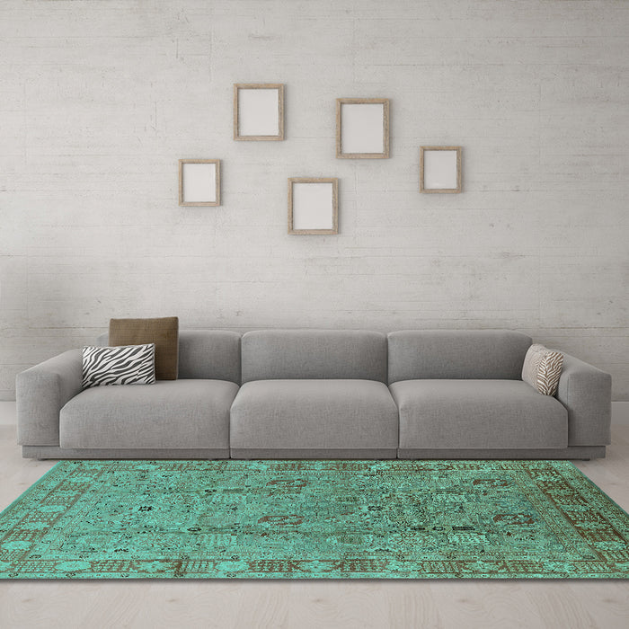 Machine Washable Oriental Turquoise Industrial Area Rugs in a Living Room,, wshurb3133turq