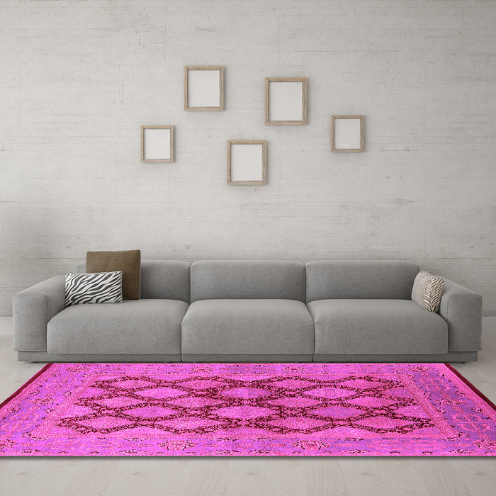 Machine Washable Oriental Pink Industrial Rug in a Living Room, wshurb3134pnk