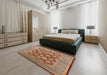 Mid-Century Modern Camel Brown Oriental Rug in a Bedroom, urb3134