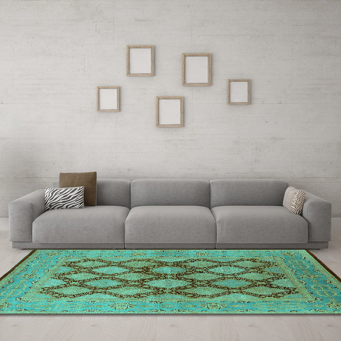 Machine Washable Oriental Turquoise Industrial Area Rugs in a Living Room,, wshurb3134turq