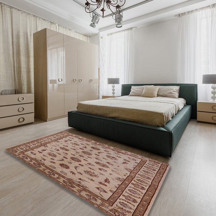 Mid-Century Modern Sienna Brown Oriental Rug in a Bedroom, urb3136