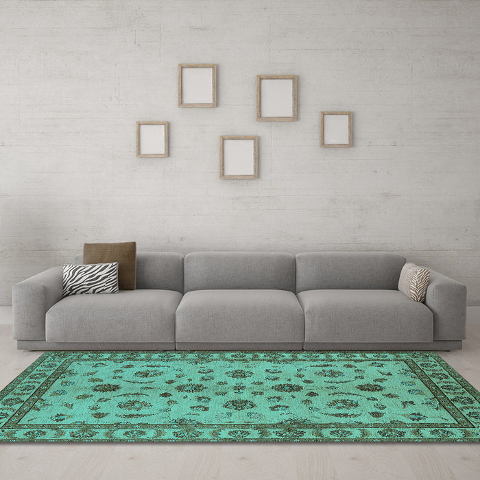 Machine Washable Oriental Turquoise Industrial Area Rugs in a Living Room,, wshurb3136turq