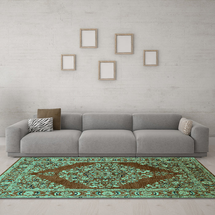 Machine Washable Oriental Turquoise Industrial Area Rugs in a Living Room,, wshurb3138turq