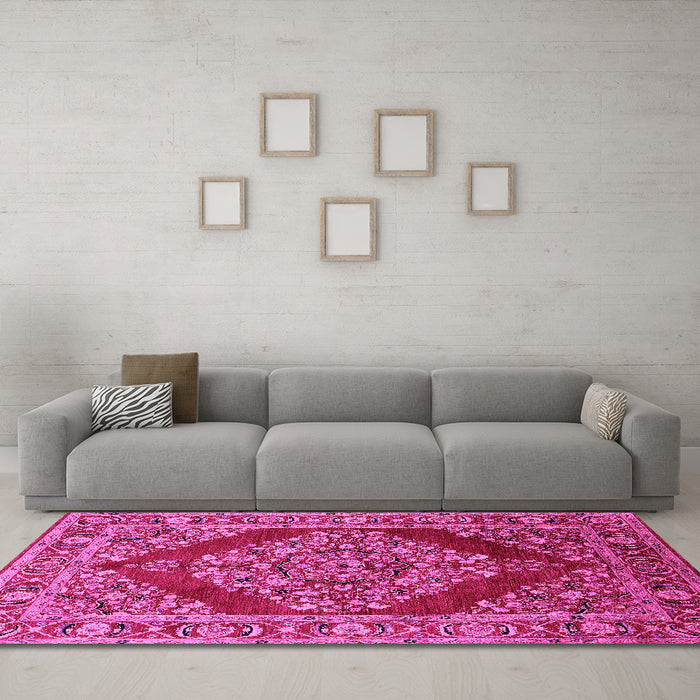 Machine Washable Oriental Pink Industrial Rug in a Living Room, wshurb3138pnk