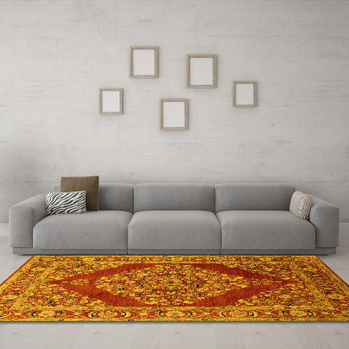 Machine Washable Oriental Yellow Industrial Rug in a Living Room, wshurb3138yw