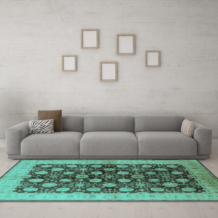 Machine Washable Oriental Turquoise Industrial Area Rugs in a Living Room,, wshurb3141turq