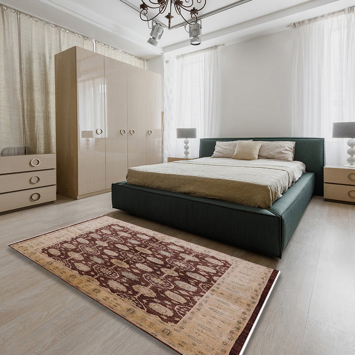 Mid-Century Modern Dark Sienna Brown Oriental Rug in a Bedroom, urb3141