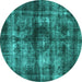 Round Machine Washable Oriental Turquoise Industrial Area Rugs, wshurb3143turq