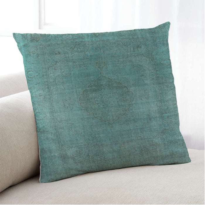 Lifestyle Image of Mid-Century Modern Urban Square Greenish Blue Green Throw Pillow, 18 inch by 18 inch, pwurb3149