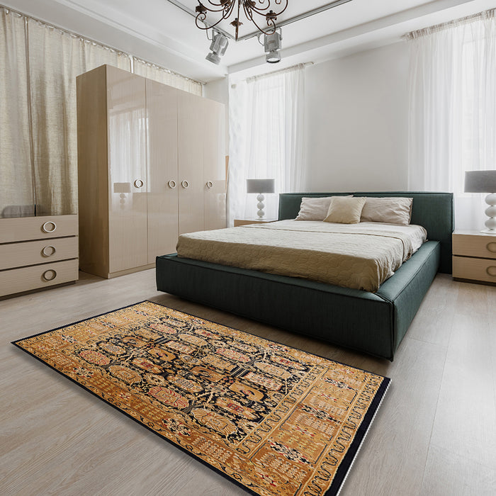 Mid-Century Modern Red Brown Oriental Rug in a Bedroom, urb3154