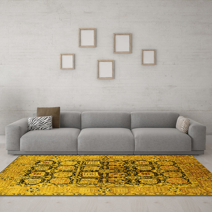 Machine Washable Oriental Yellow Industrial Rug in a Living Room, wshurb3154yw