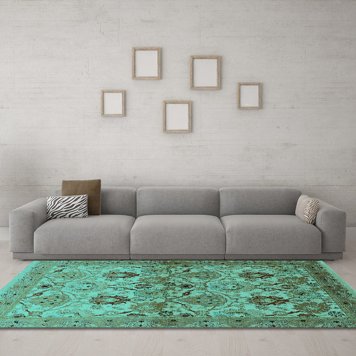Machine Washable Oriental Turquoise Industrial Area Rugs in a Living Room,, wshurb3158turq