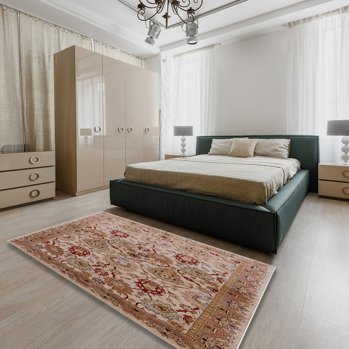 Mid-Century Modern Chestnut Red Oriental Rug in a Bedroom, urb3158