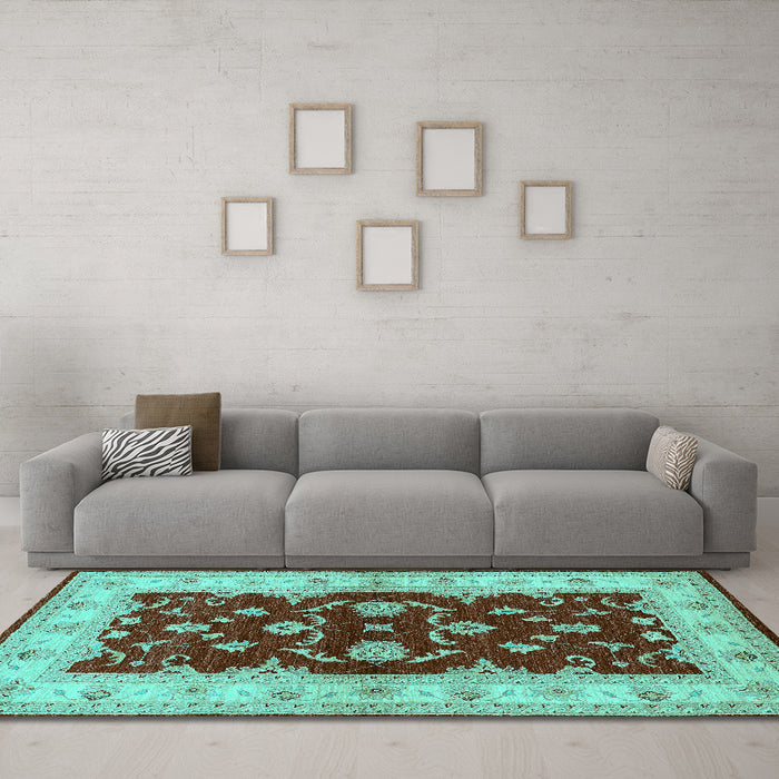 Machine Washable Oriental Turquoise Industrial Area Rugs in a Living Room,, wshurb3159turq