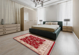Mid-Century Modern Pastel Orange Oriental Rug in a Bedroom, urb3159