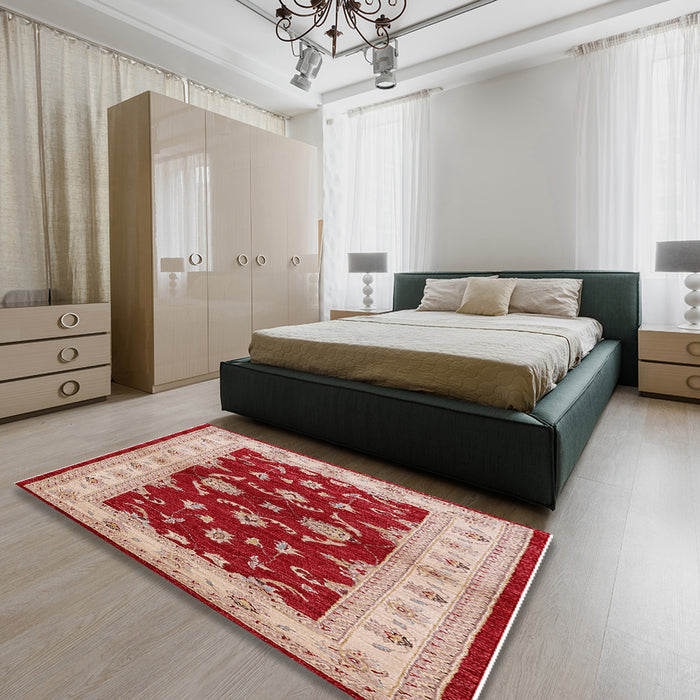 Mid-Century Modern Pastel Orange Oriental Rug in a Bedroom, urb3159