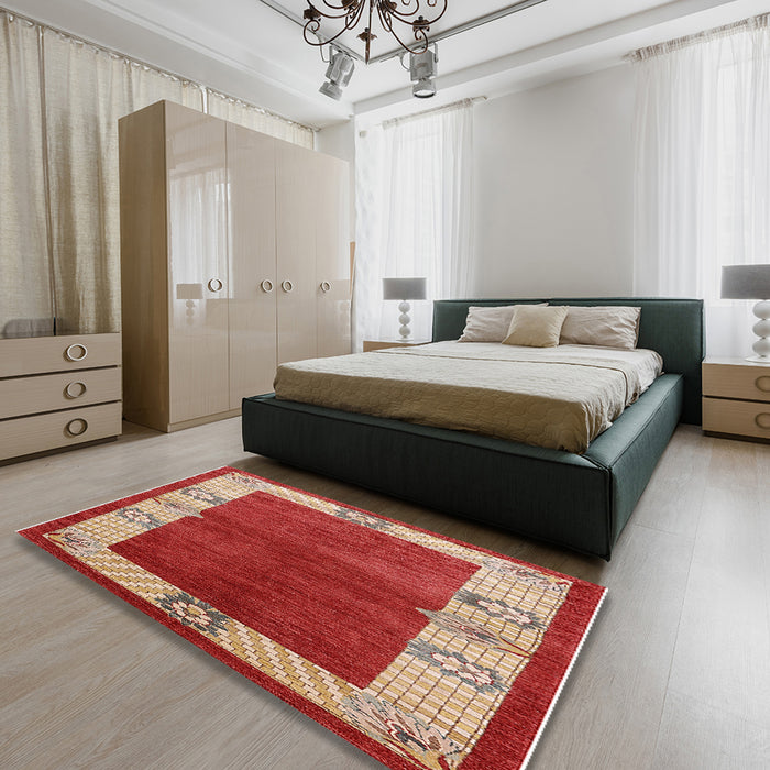 Mid-Century Modern Red Oriental Rug in a Bedroom, urb3161