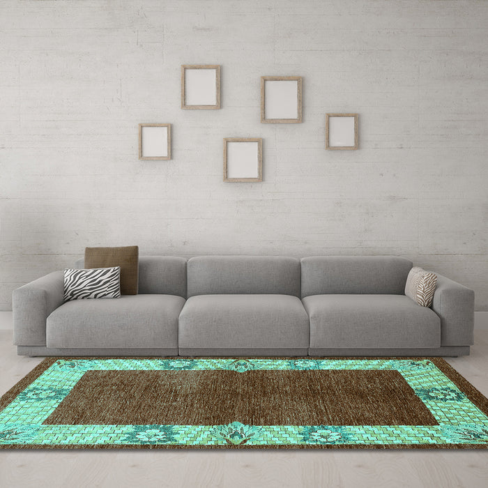 Machine Washable Oriental Turquoise Industrial Area Rugs in a Living Room,, wshurb3161turq