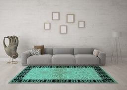Machine Washable Oriental Turquoise Industrial Area Rugs in a Living Room,, wshurb3164turq