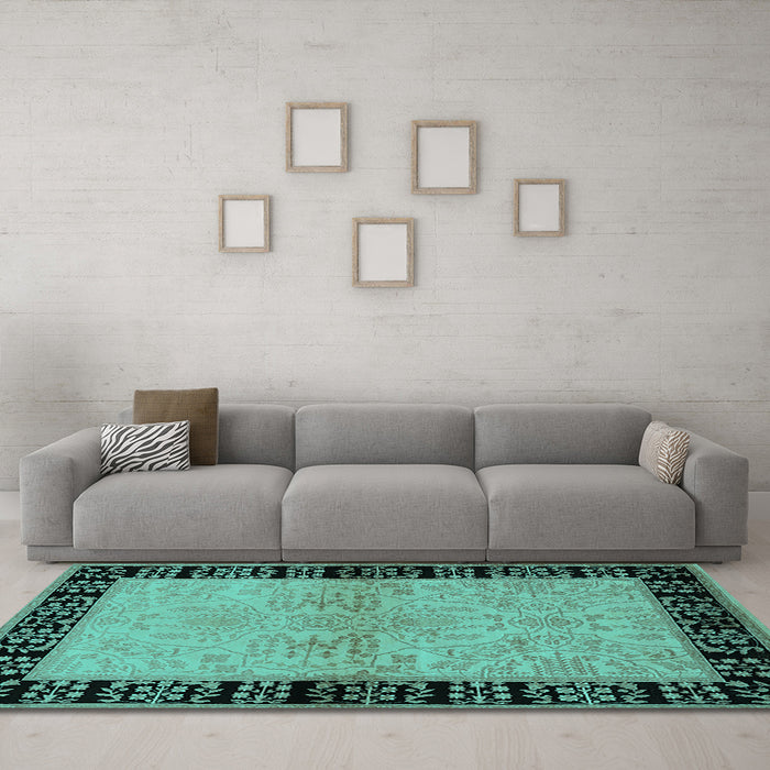 Machine Washable Oriental Turquoise Industrial Area Rugs in a Living Room,, wshurb3164turq