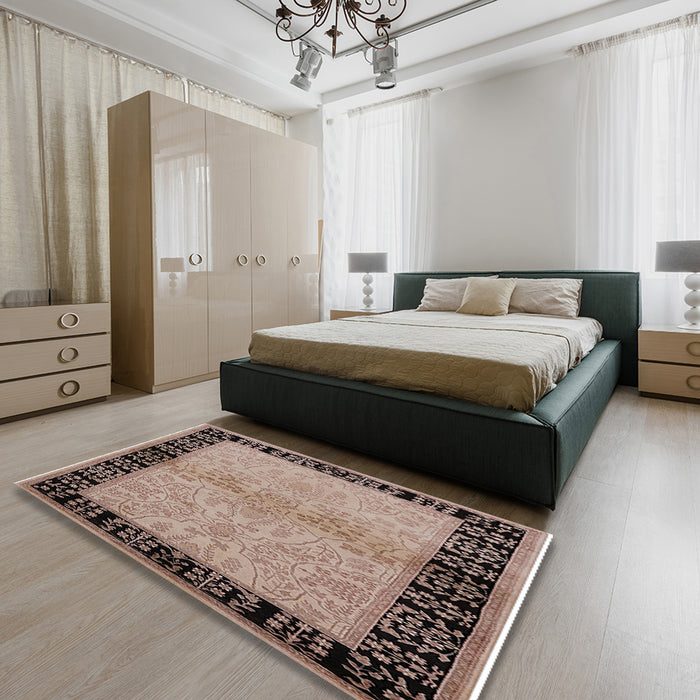 Mid-Century Modern Dark Salmon Pink Oriental Rug in a Bedroom, urb3164