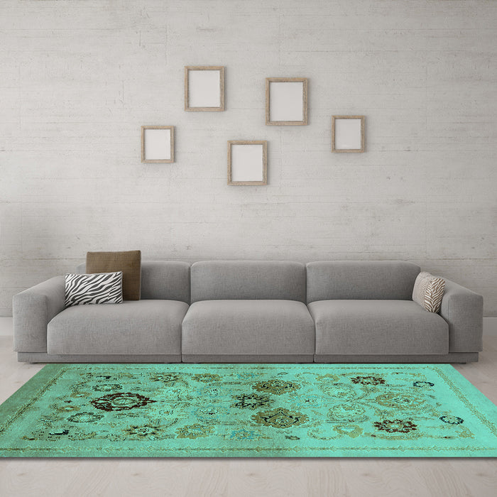 Machine Washable Oriental Turquoise Industrial Area Rugs in a Living Room,, wshurb3168turq