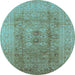 Round Machine Washable Oriental Light Blue Industrial Rug, wshurb3173lblu