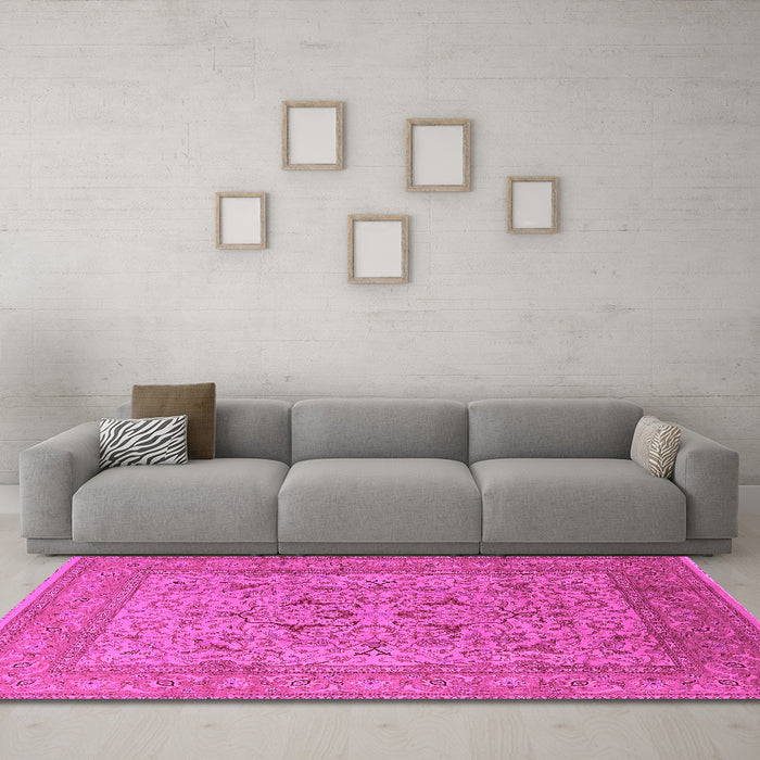 Machine Washable Oriental Pink Industrial Rug in a Living Room, wshurb3174pnk