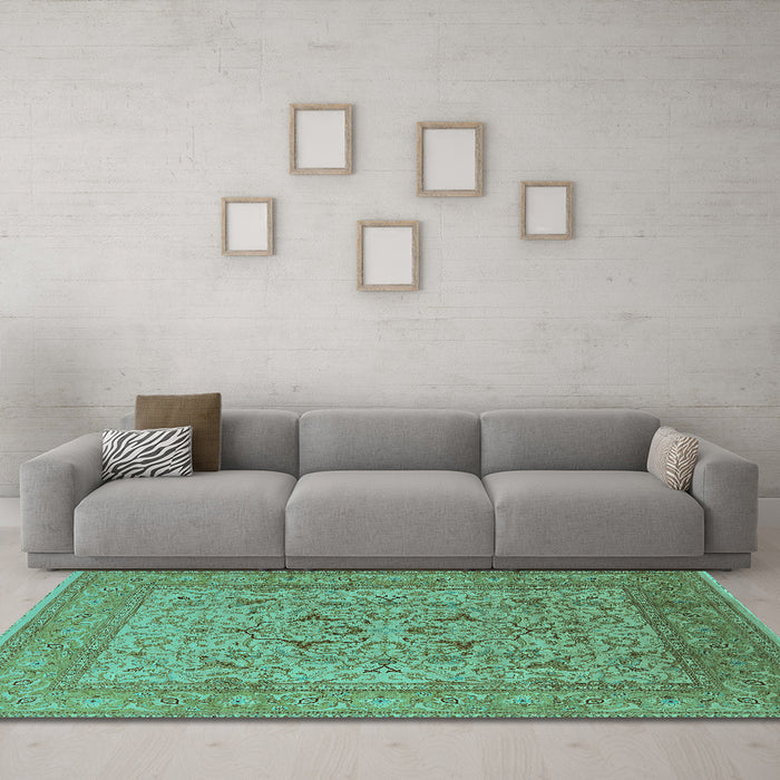 Machine Washable Oriental Turquoise Industrial Area Rugs in a Living Room,, wshurb3174turq