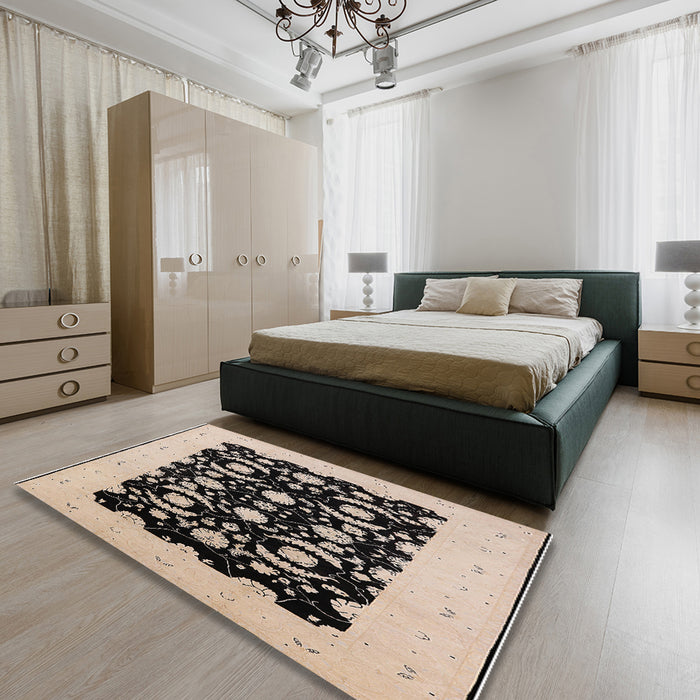 Mid-Century Modern Deep Peach Orange Oriental Rug in a Bedroom, urb3175