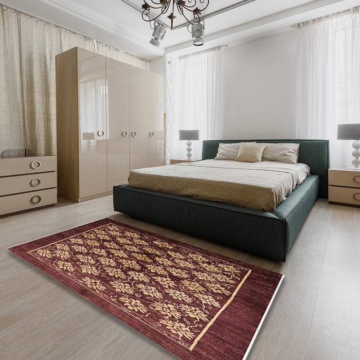 Mid-Century Modern Red Oriental Rug in a Bedroom, urb3176
