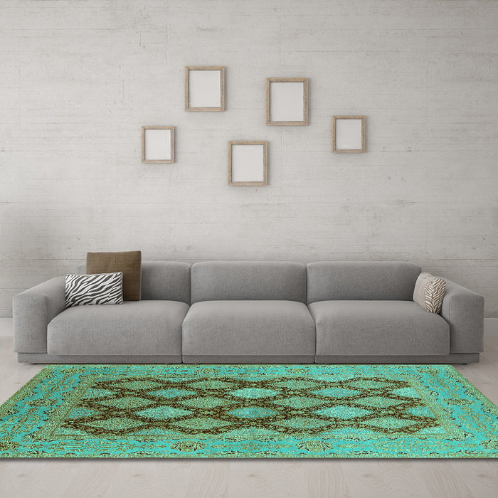 Machine Washable Oriental Turquoise Industrial Area Rugs in a Living Room,, wshurb3177turq