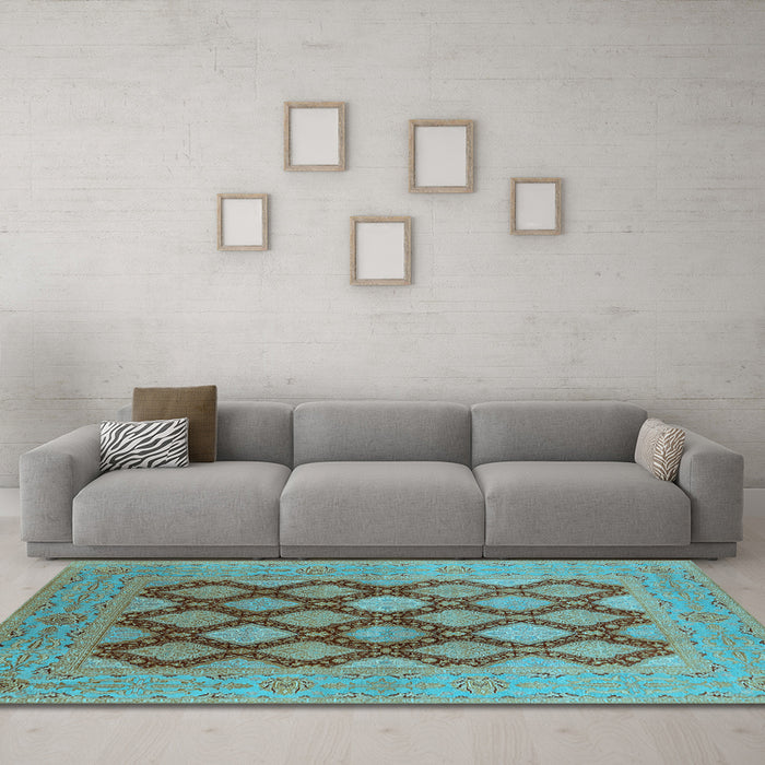 Machine Washable Oriental Light Blue Industrial Rug in a Living Room, wshurb3177lblu