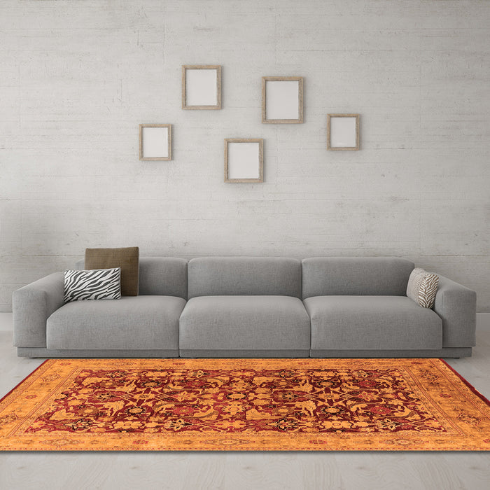Machine Washable Oriental Orange Industrial Area Rugs in a Living Room, wshurb3182org