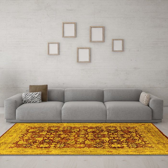 Machine Washable Oriental Yellow Industrial Rug in a Living Room, wshurb3182yw