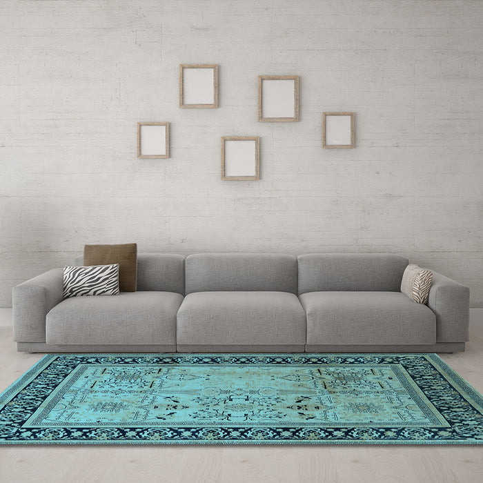 Machine Washable Oriental Light Blue Industrial Rug in a Living Room, wshurb3183lblu